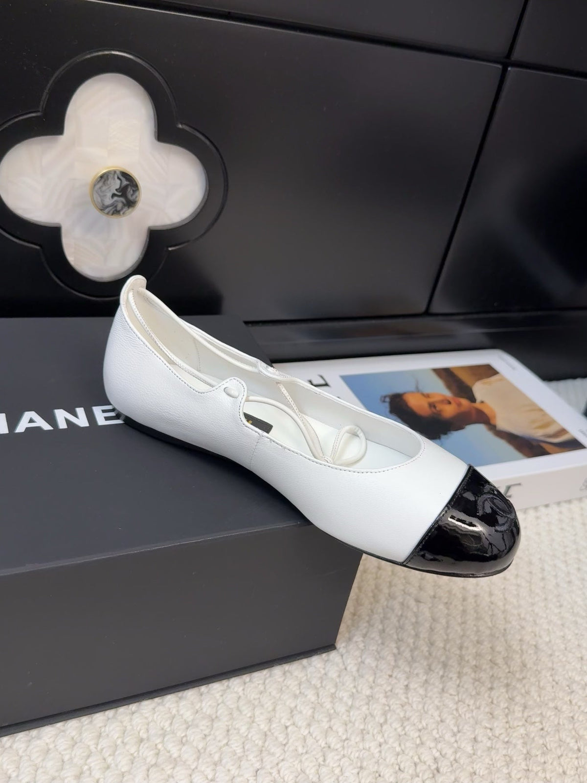 Chanel Flat Mary Jane Pumps in White Mix Black Lambskin