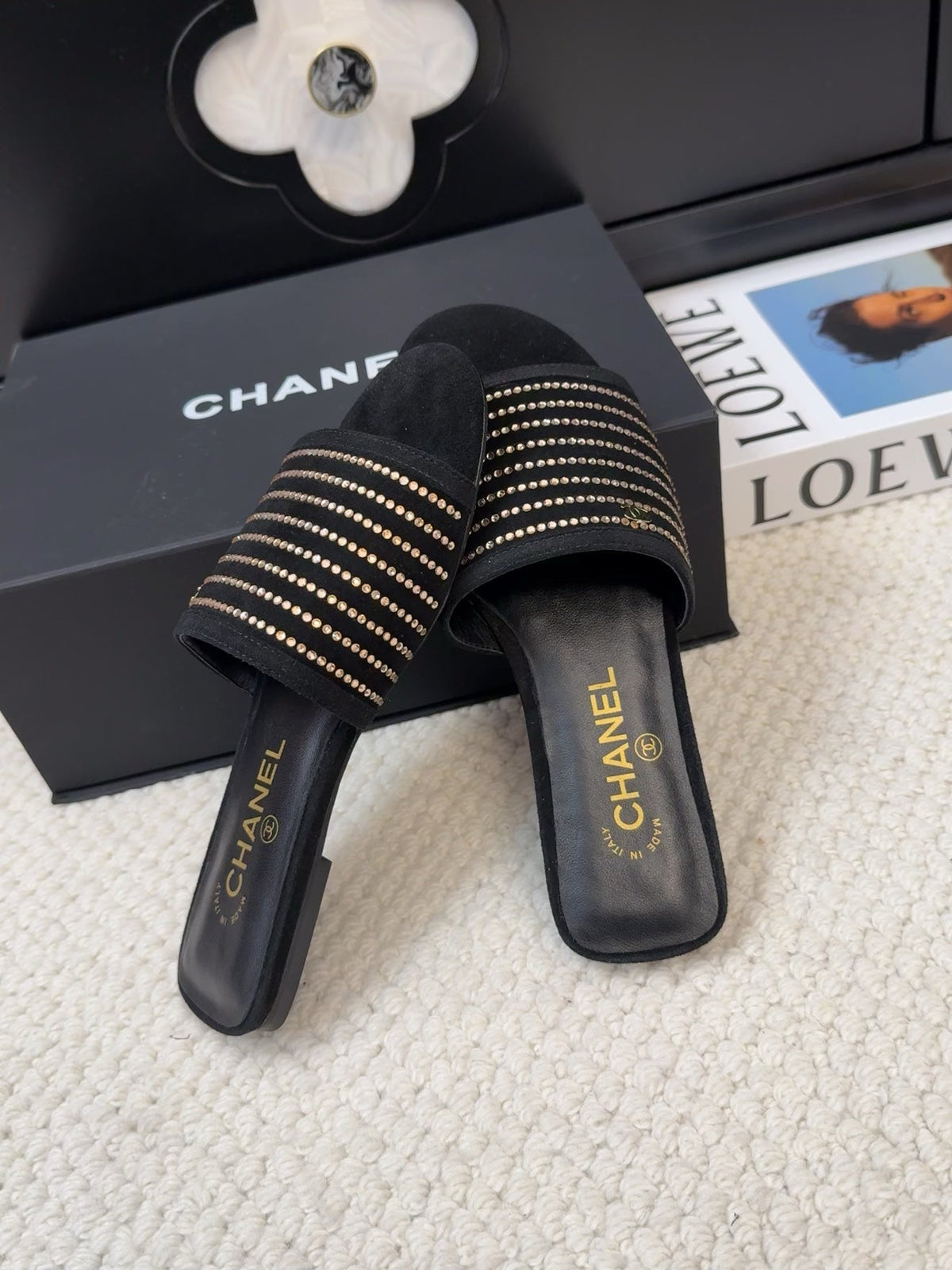 Chanel Flat Slide in Black Suede with Crystals
