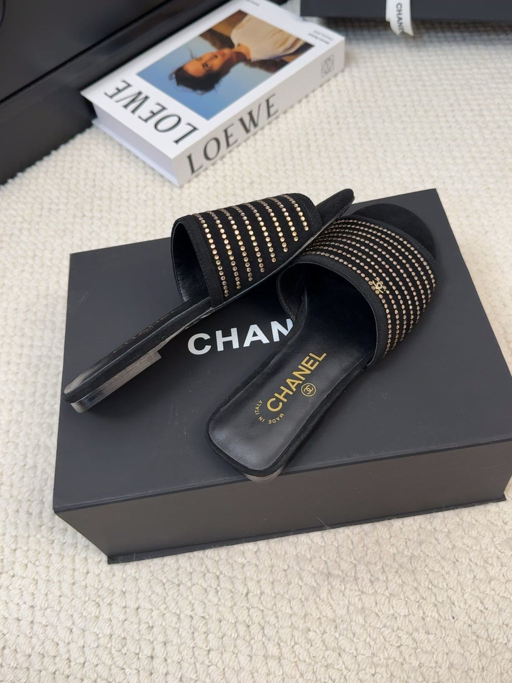Chanel Flat Slide in Black Suede with Crystals