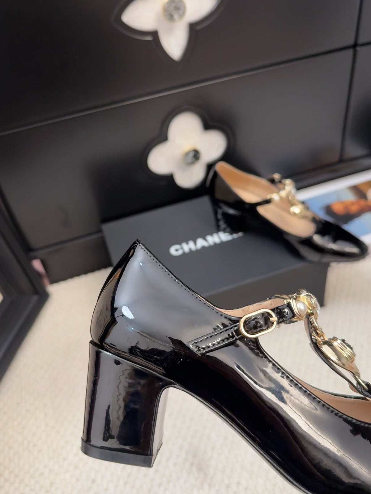 Chanel Mary Jane Shoes in Black Patent Calfskin 55 mm