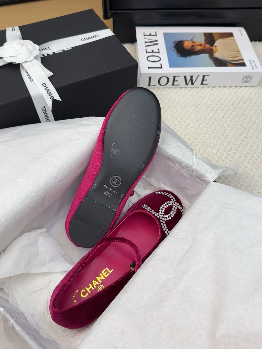 Chanel Mary Jane Shoes in Jam Purple Velvet with Crystals Logo