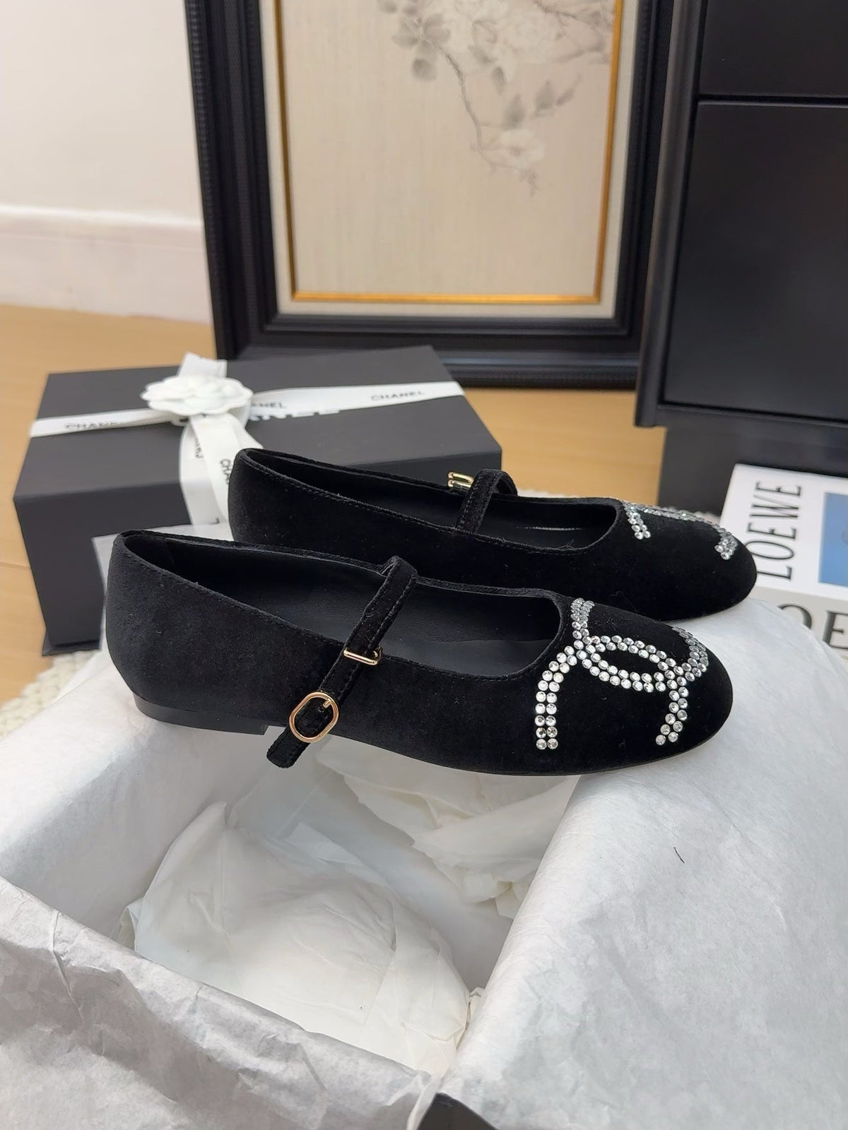 Chanel Mary Jane Shoes in Black Velvet with Crystals Logo