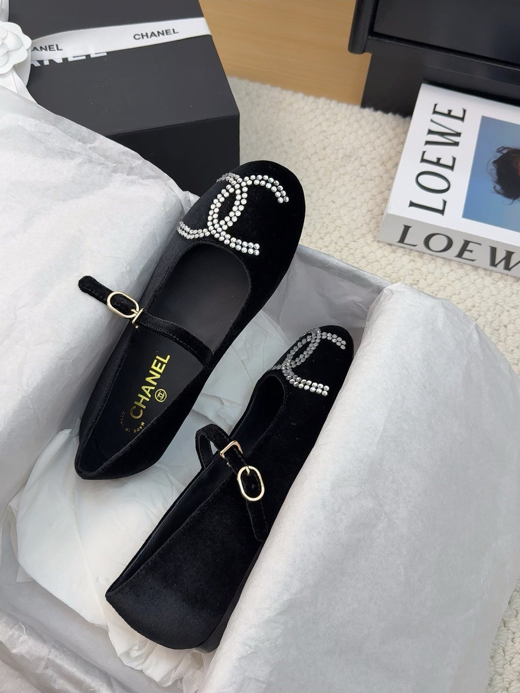 Chanel Mary Jane Shoes in Black Velvet with Crystals Logo
