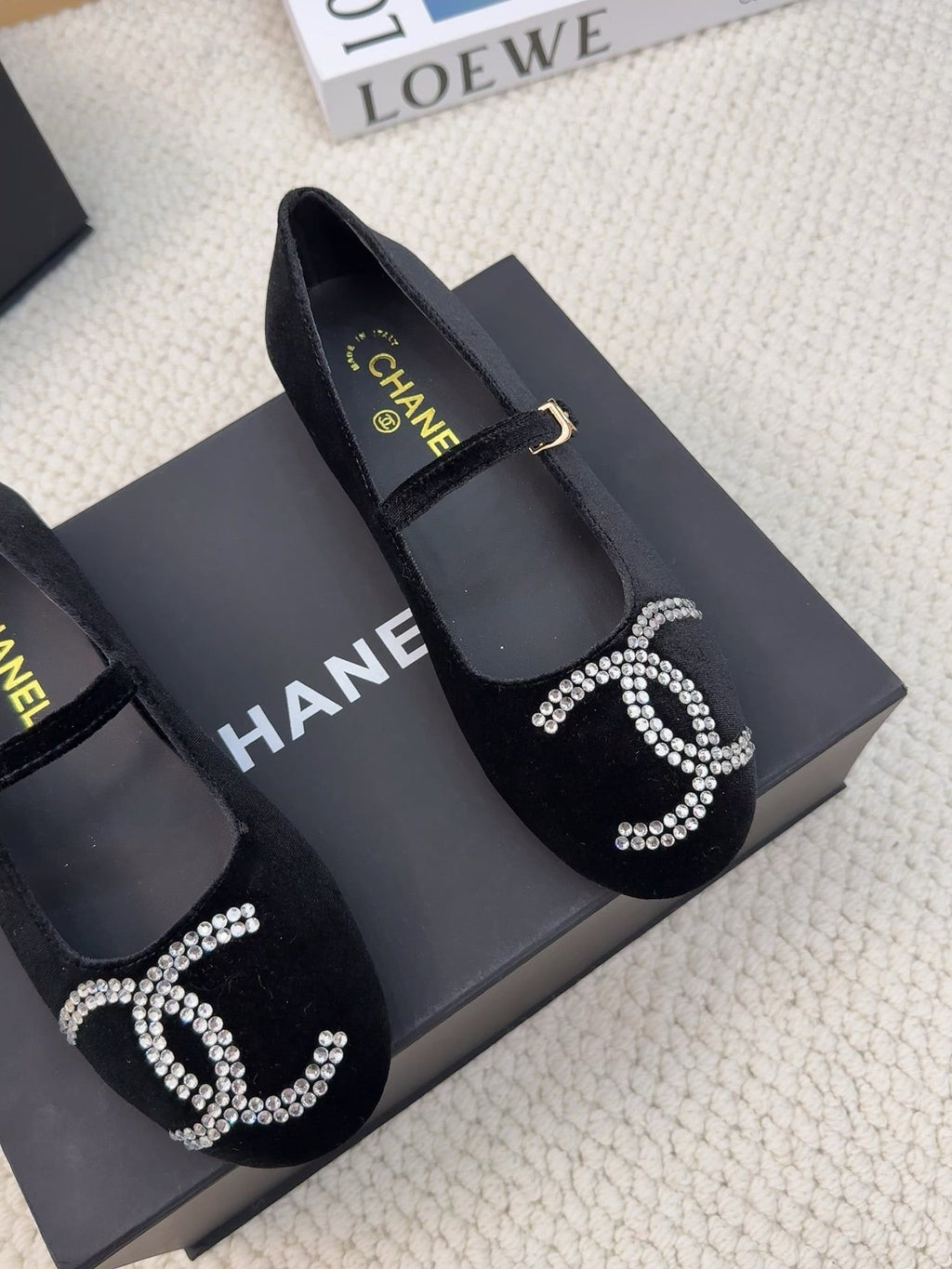 Chanel Mary Jane Shoes in Black Velvet with Crystals Logo