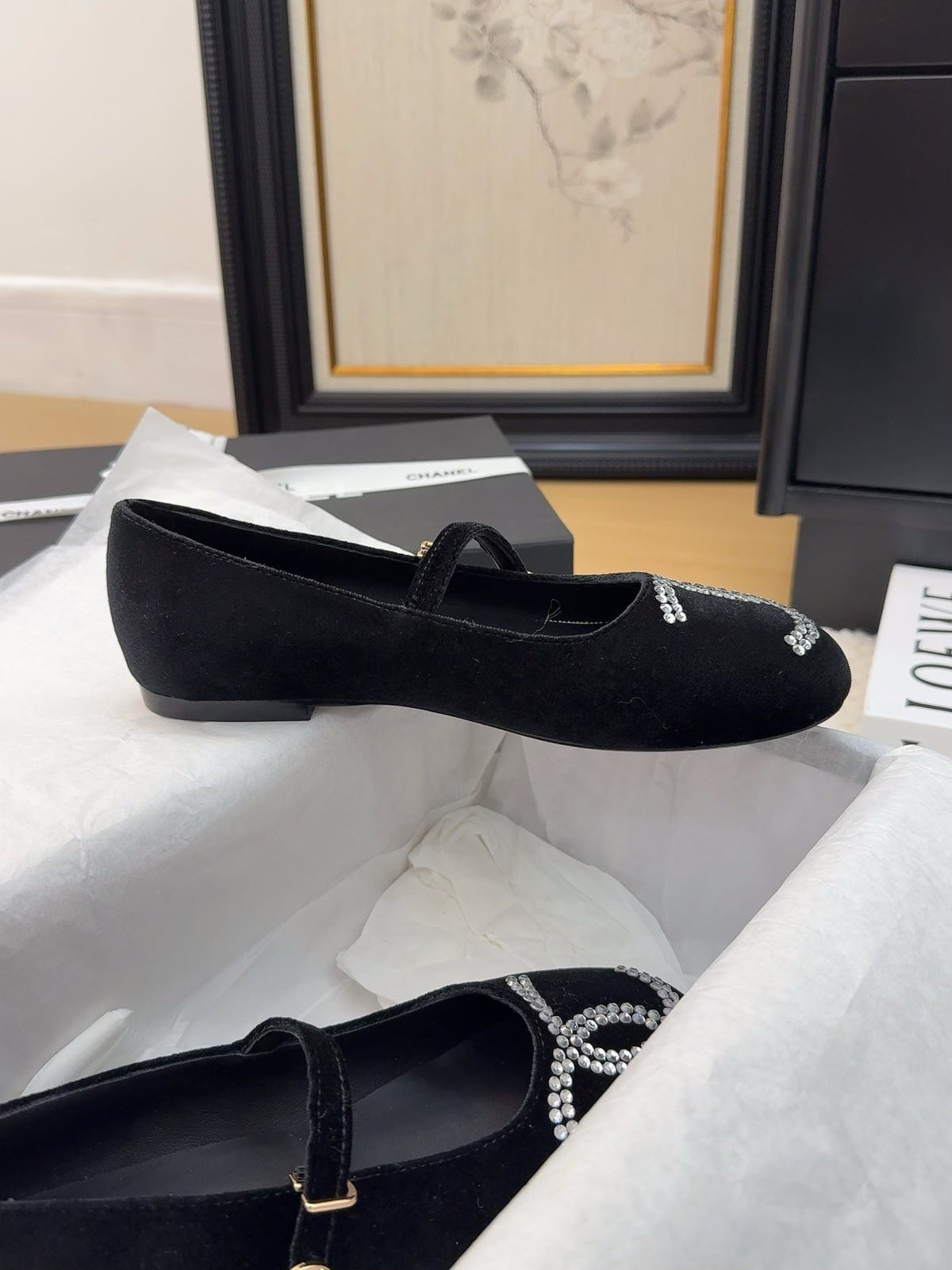 Chanel Mary Jane Shoes in Black Velvet with Crystals Logo