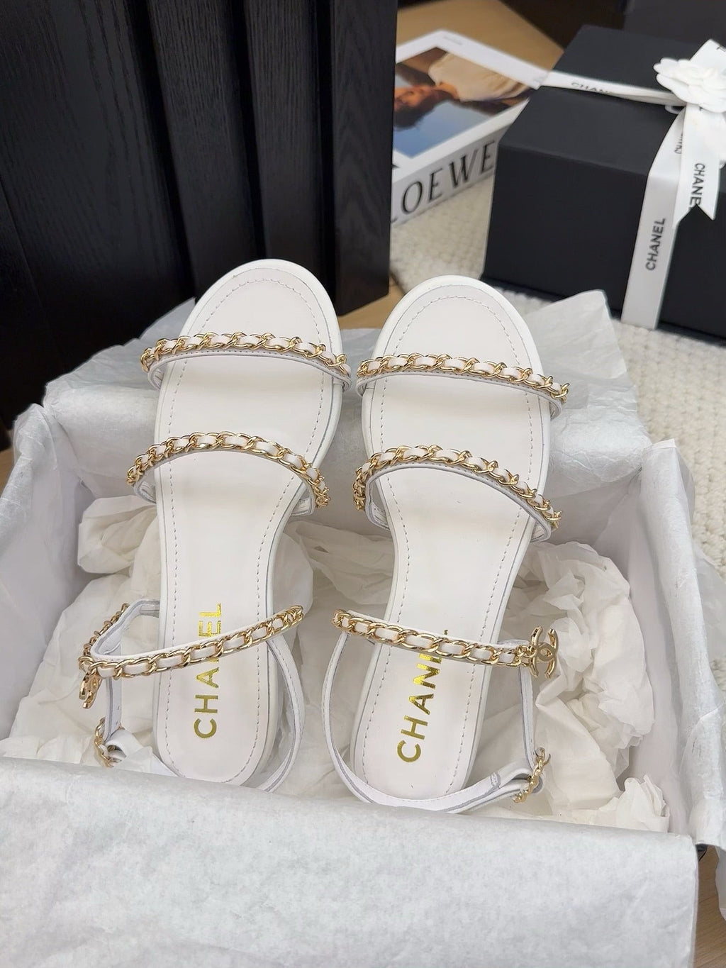Chanel Three-Straps Sandals in White Calfskin with Gold Hardware