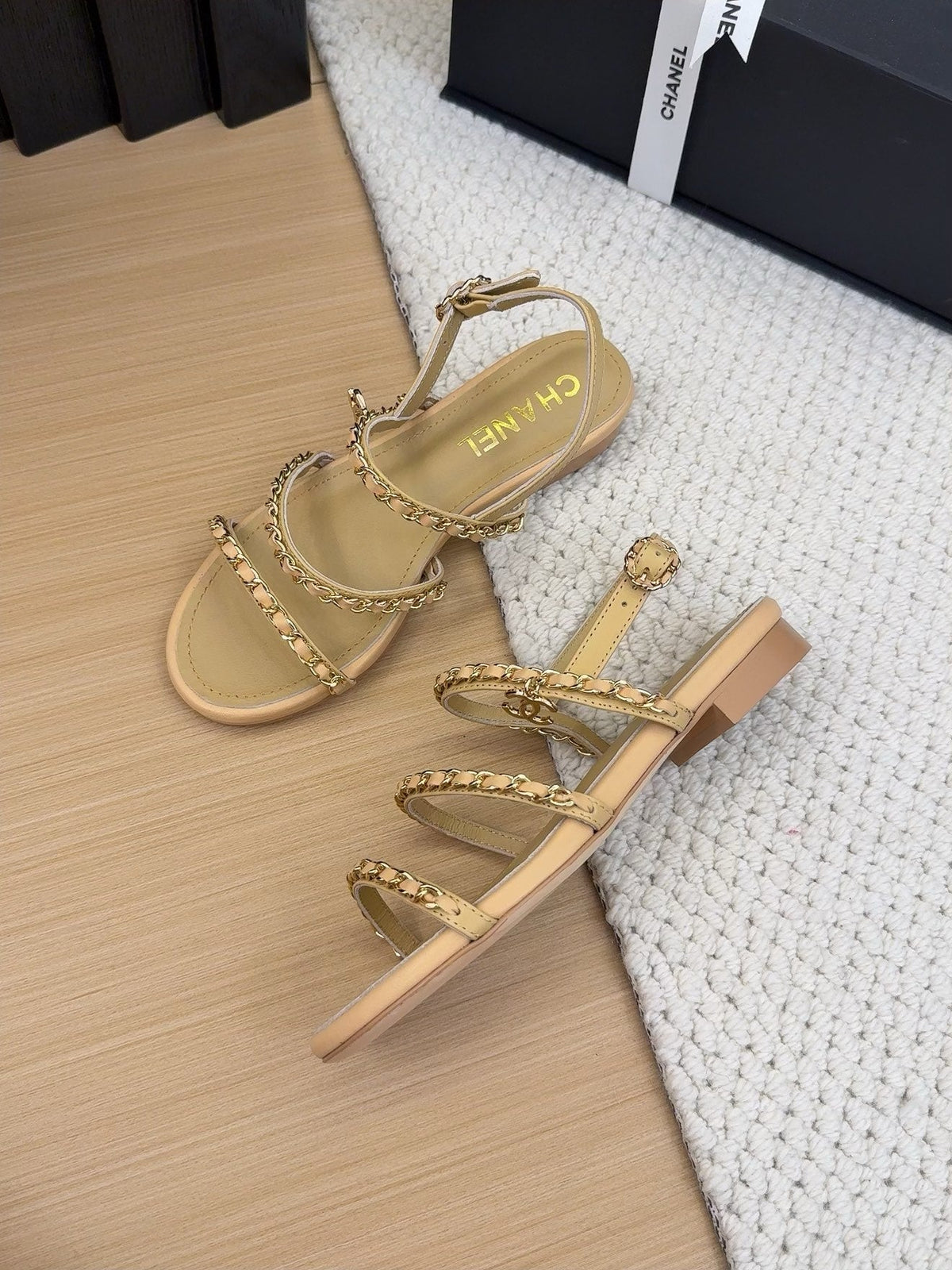 Chanel Three-Straps Sandals in Sand Yellow Calfskin with Gold Hardware
