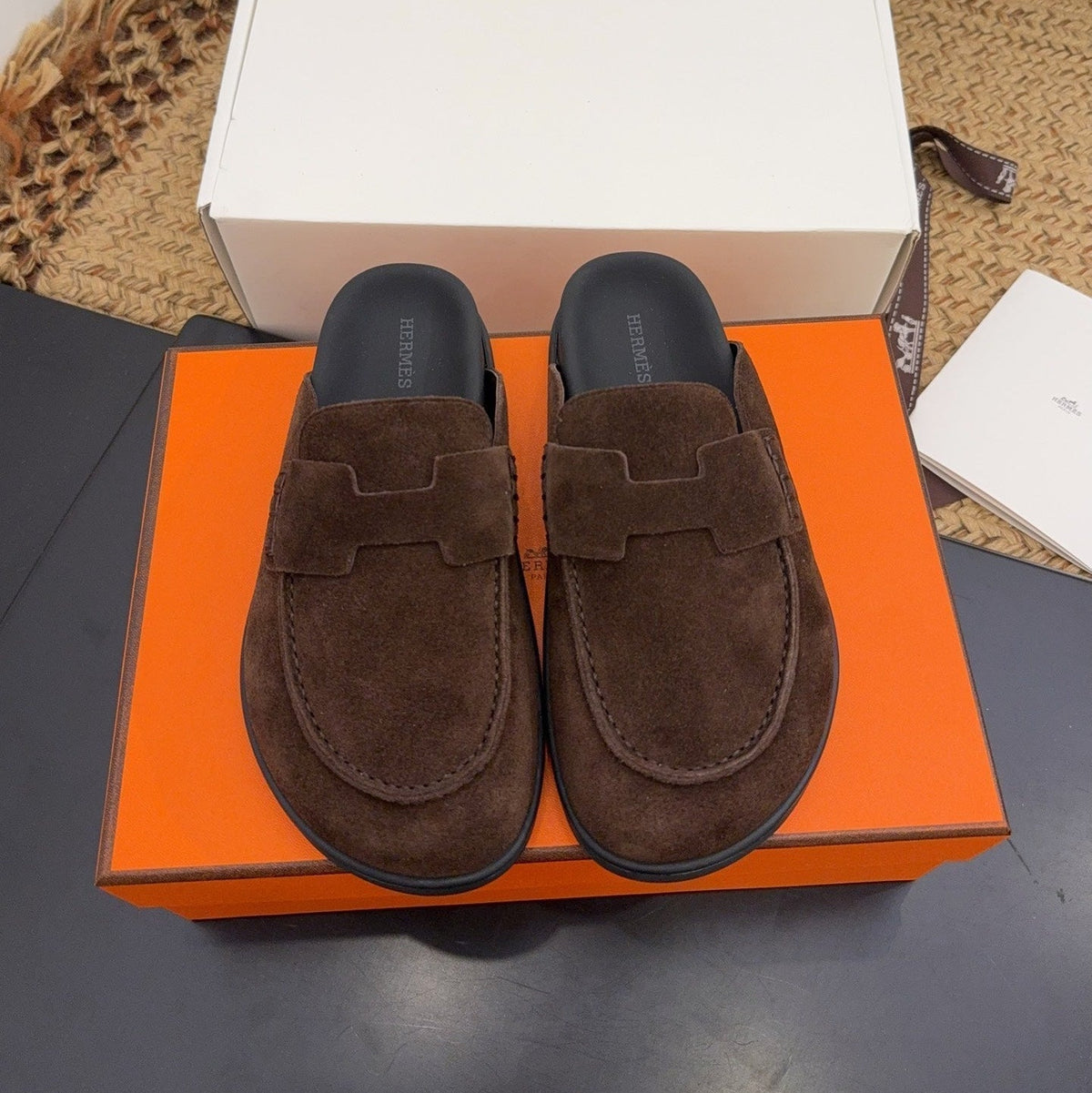 Hermes 25S Mule in Dark Brown Suede