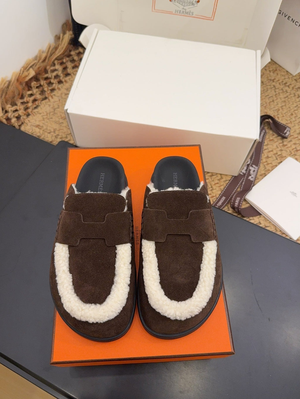 Hermes 25S Mule in Dark Chocolate Brown Suede Mix White Shearling