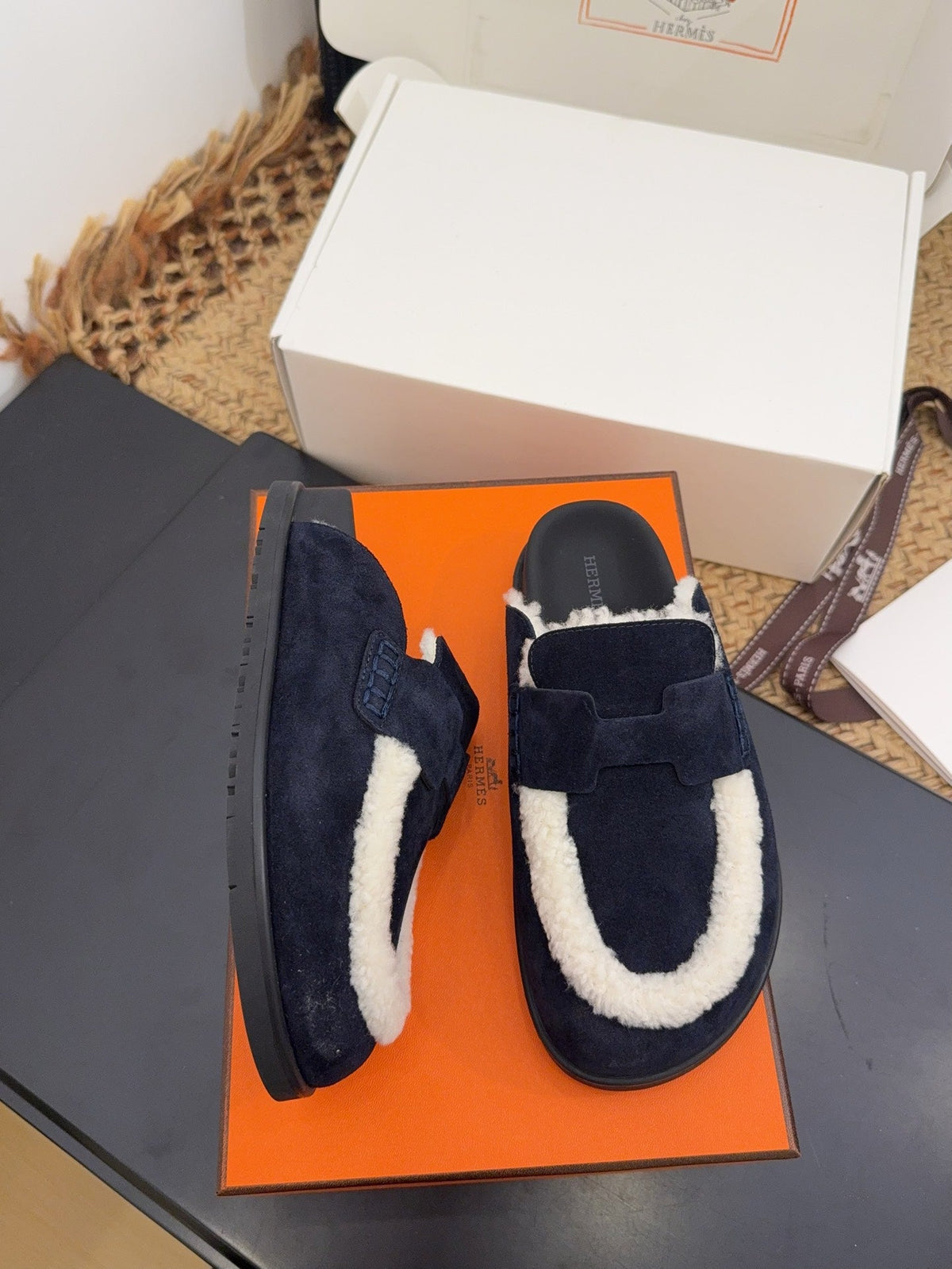 Hermes 25S Mule in Dark Slate Blue Suede Mix White Shearling