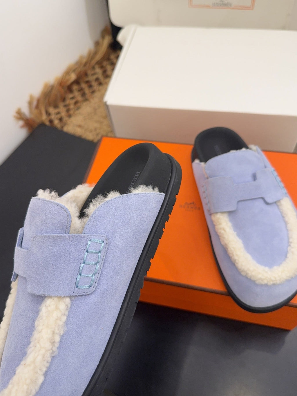 Hermes 25S Mule in Soft Lavender Blue Suede Mix White Shearling