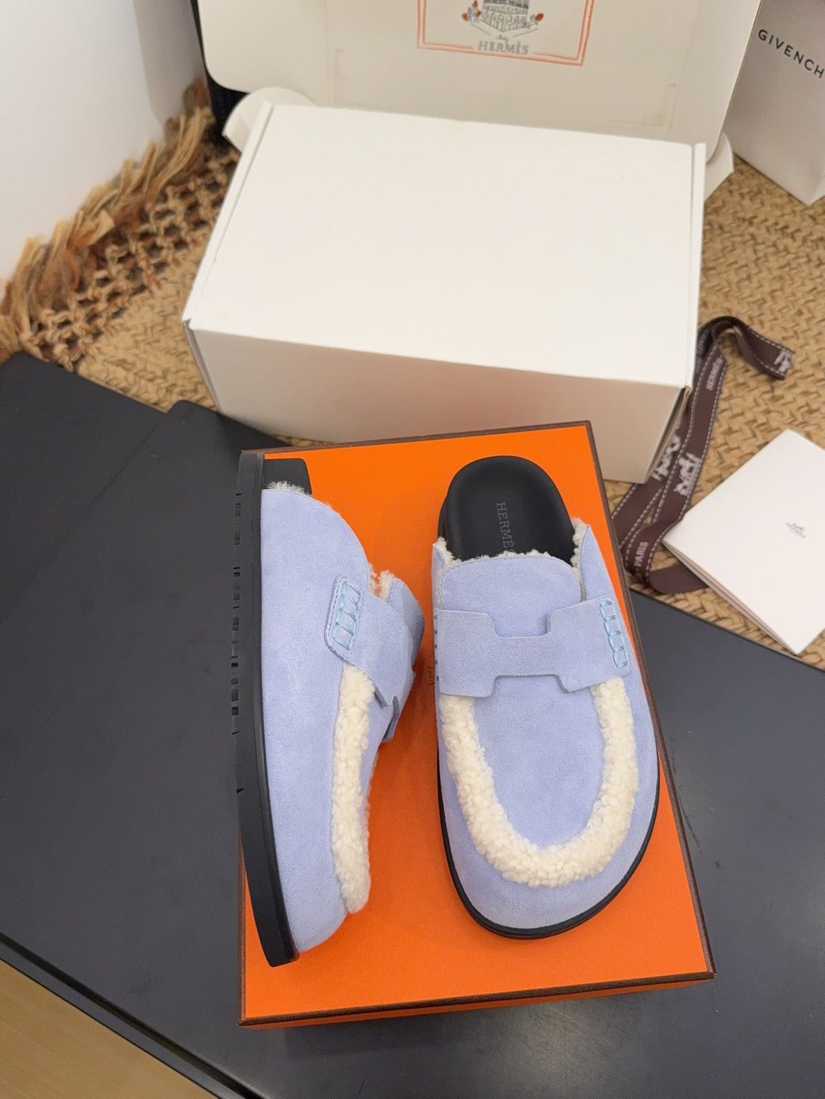 Hermes 25S Mule in Soft Lavender Blue Suede Mix White Shearling