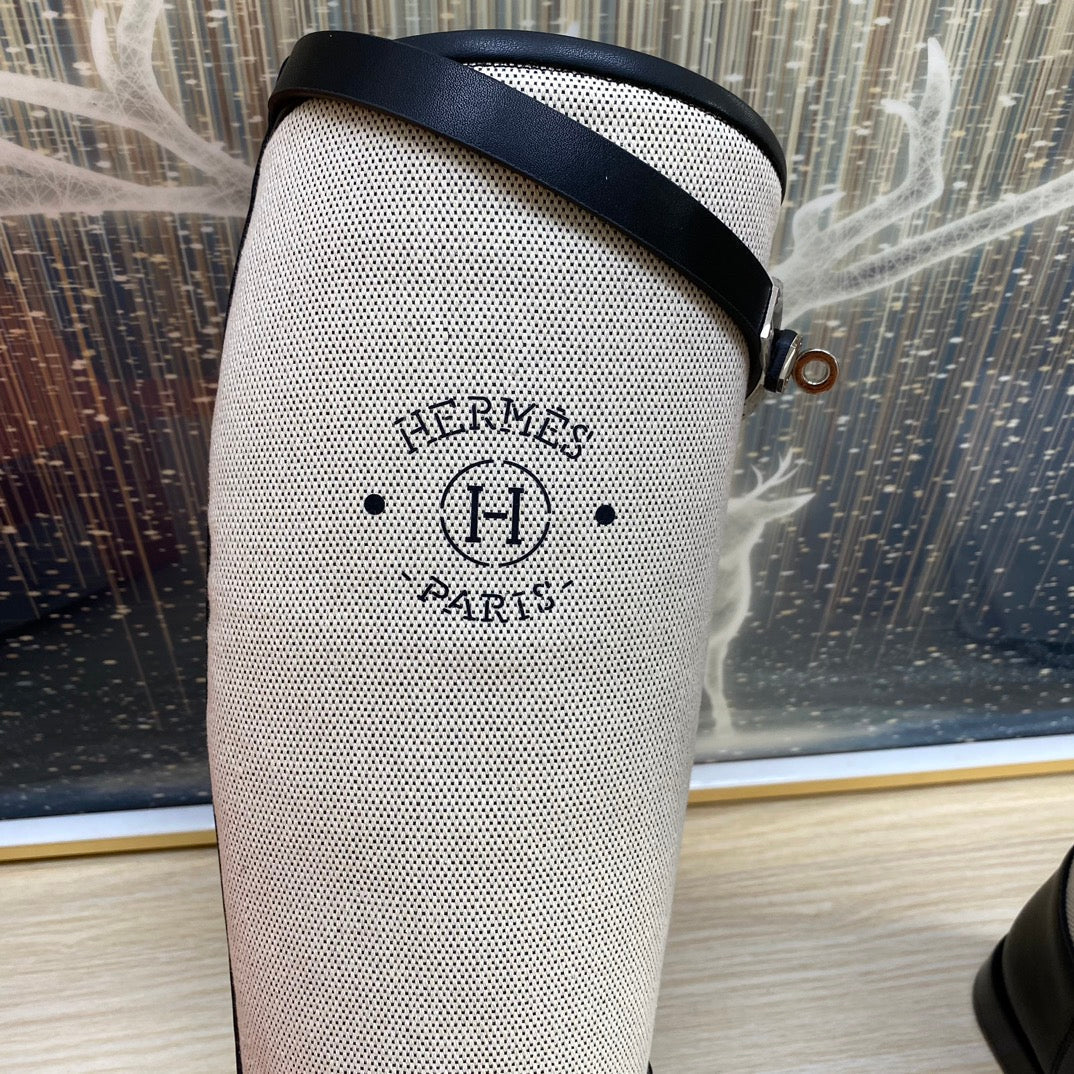 Hermes Knee High Boots in Black Calfskin and White Fabric
