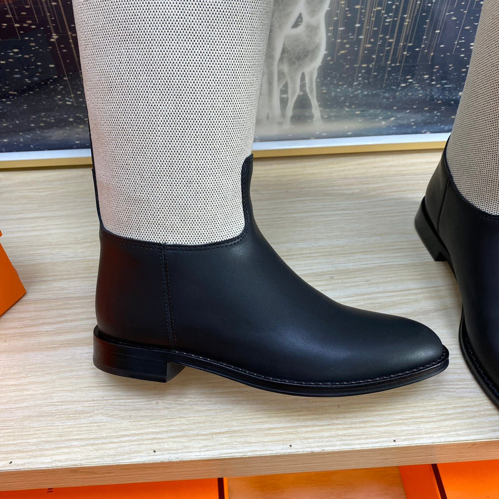 Hermes Knee High Boots in Black Calfskin and White Fabric