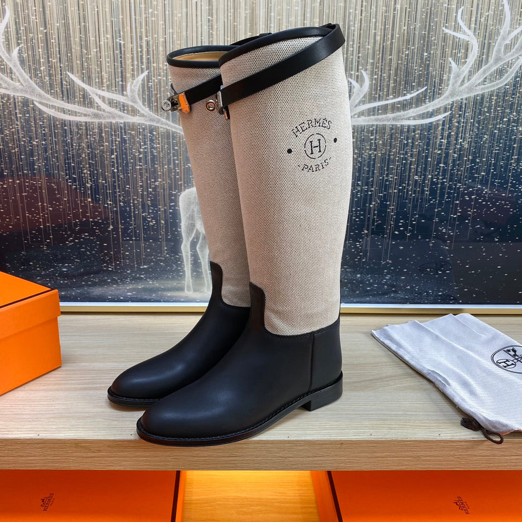 Hermes Knee High Boots in Black Calfskin and White Fabric