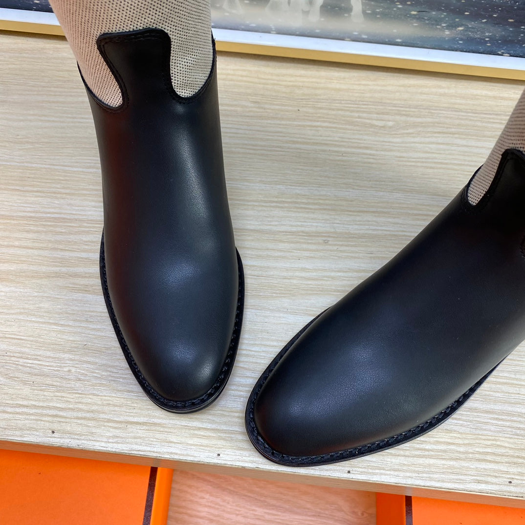Hermes Knee High Boots in Black Calfskin and White Fabric