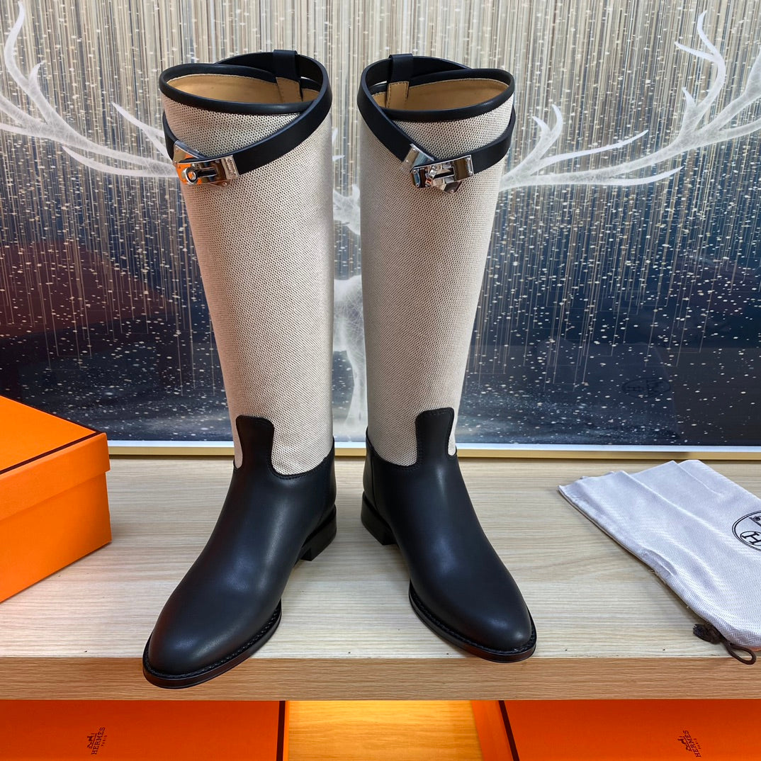 Hermes Knee High Boots in Black Calfskin and White Fabric