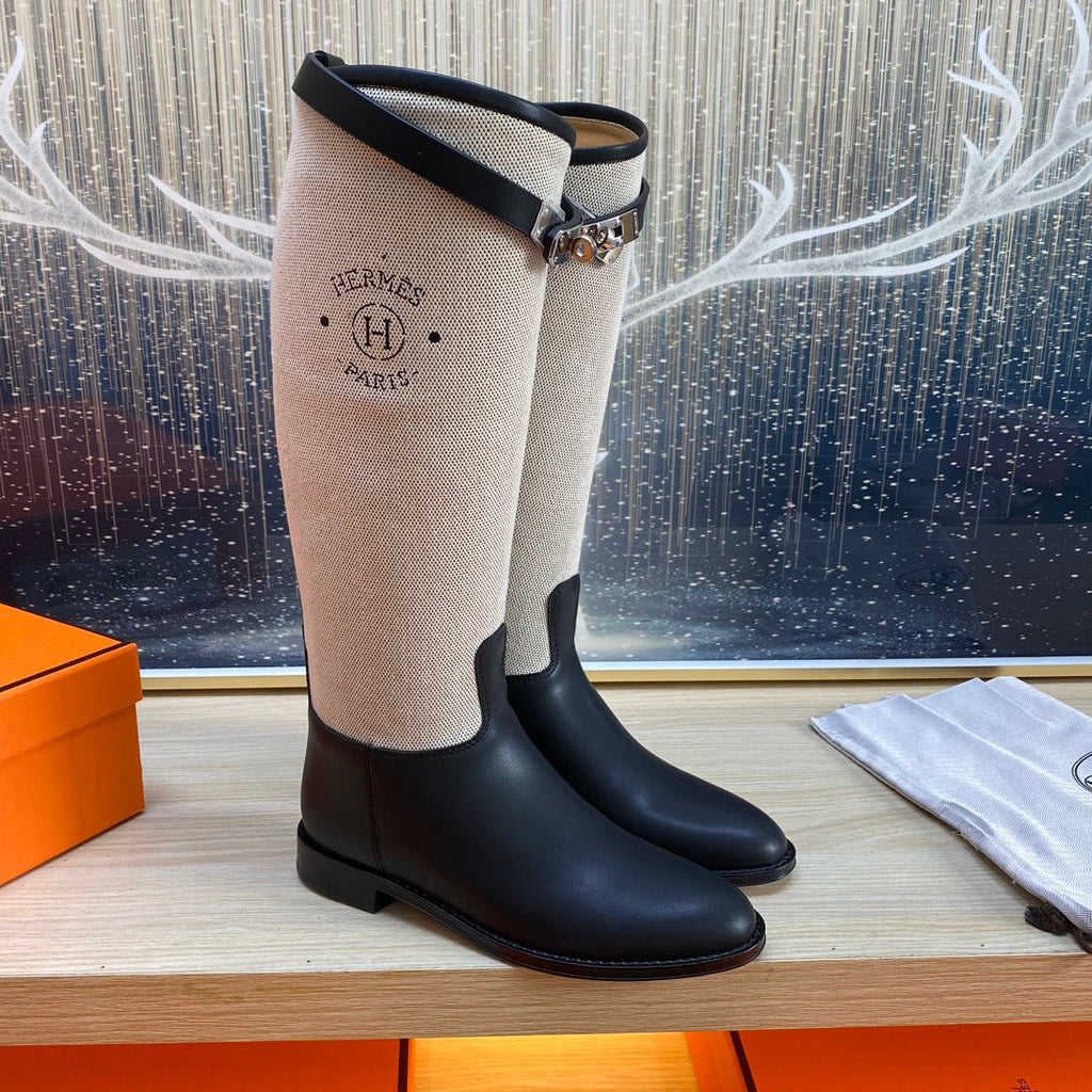 Hermes Knee High Boots in Black Calfskin and White Fabric