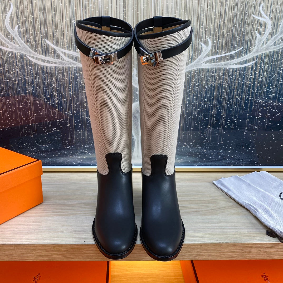 Hermes Knee High Boots in Black Calfskin and White Fabric