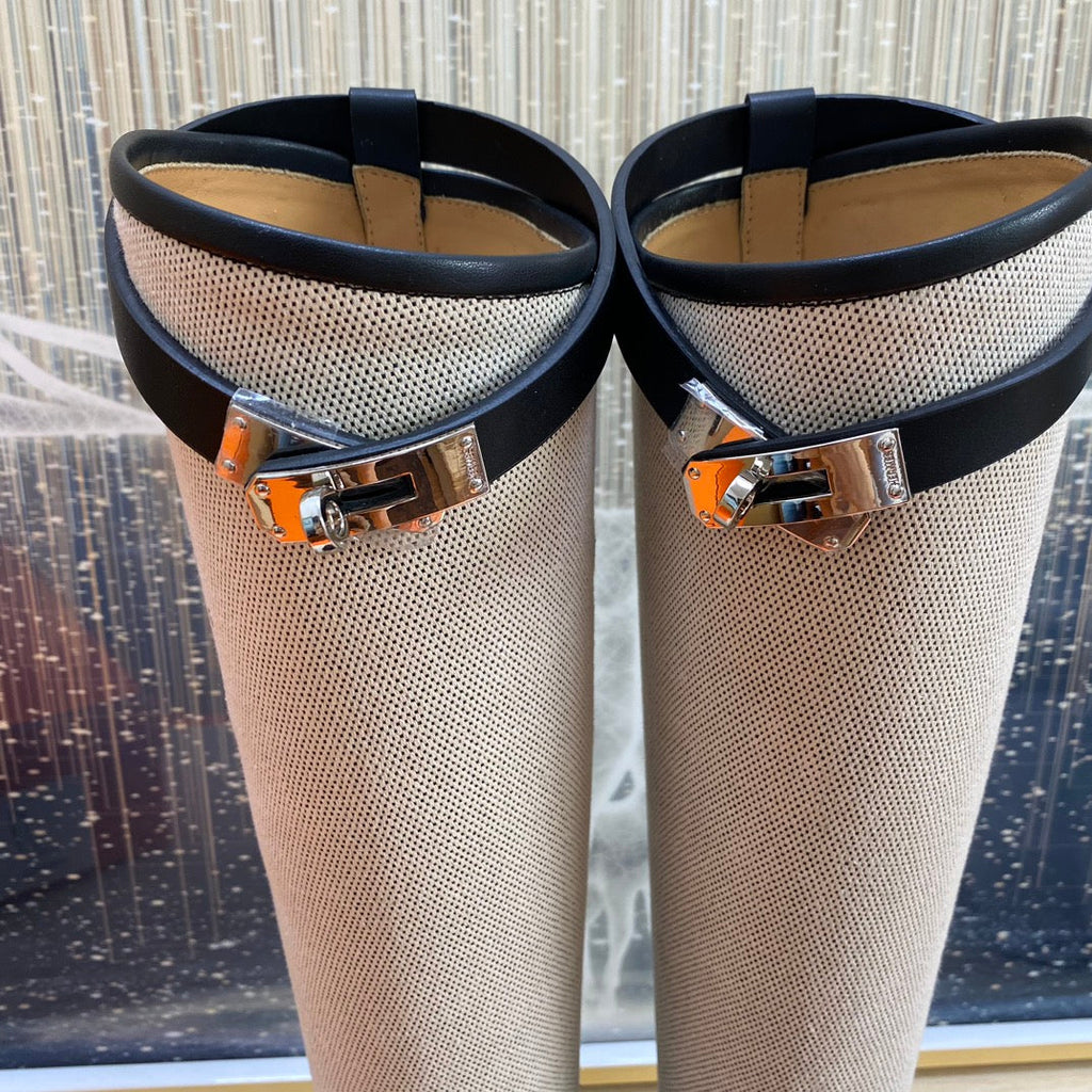 Hermes Knee High Boots in Black Calfskin and White Fabric