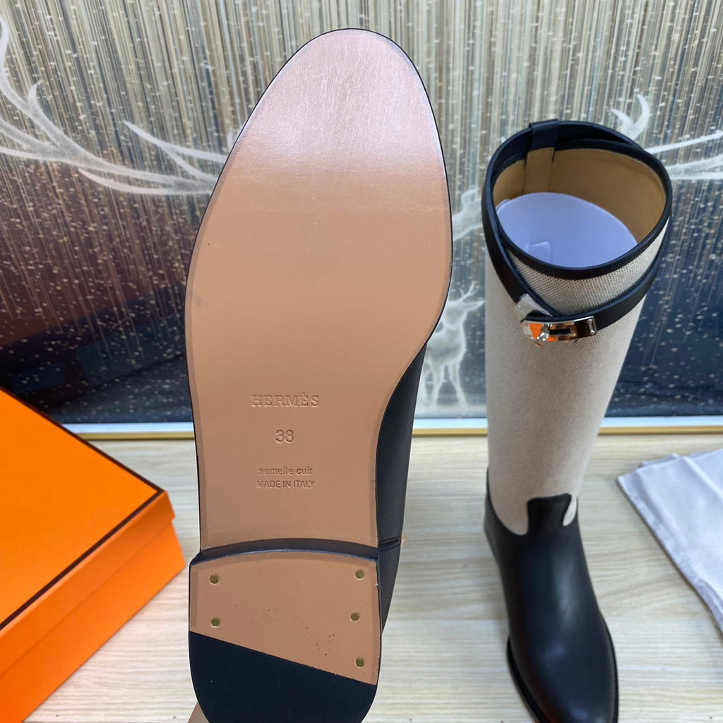 Hermes Knee High Boots in Black Calfskin and White Fabric