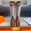 Hermes Knee High Boots in Bronze Brown Calfskin and White Fabric