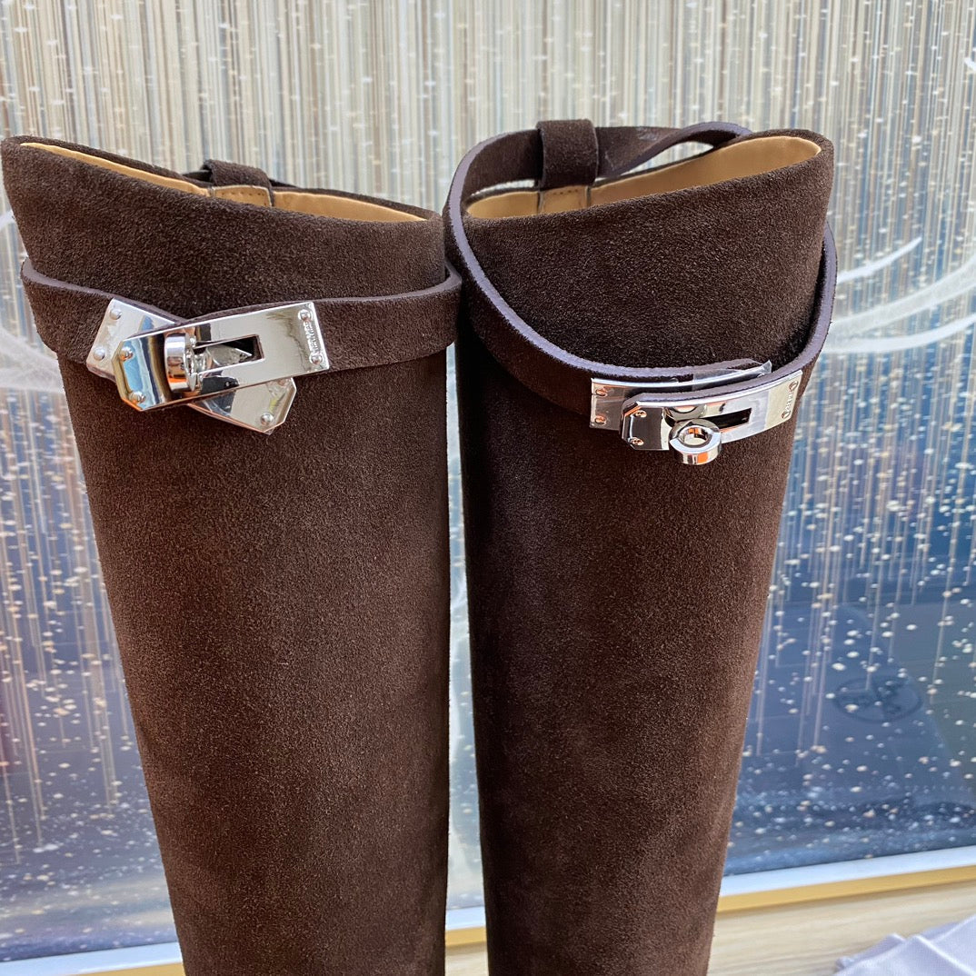 Hermes Knee High Boots in Chocolate Brown Suede