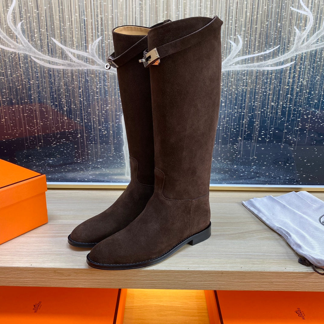 Hermes Knee High Boots in Chocolate Brown Suede