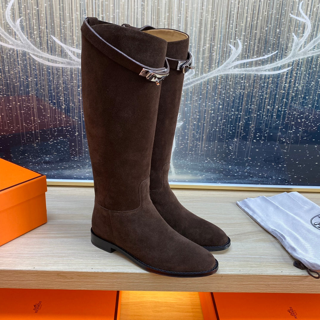 Hermes Knee High Boots in Chocolate Brown Suede