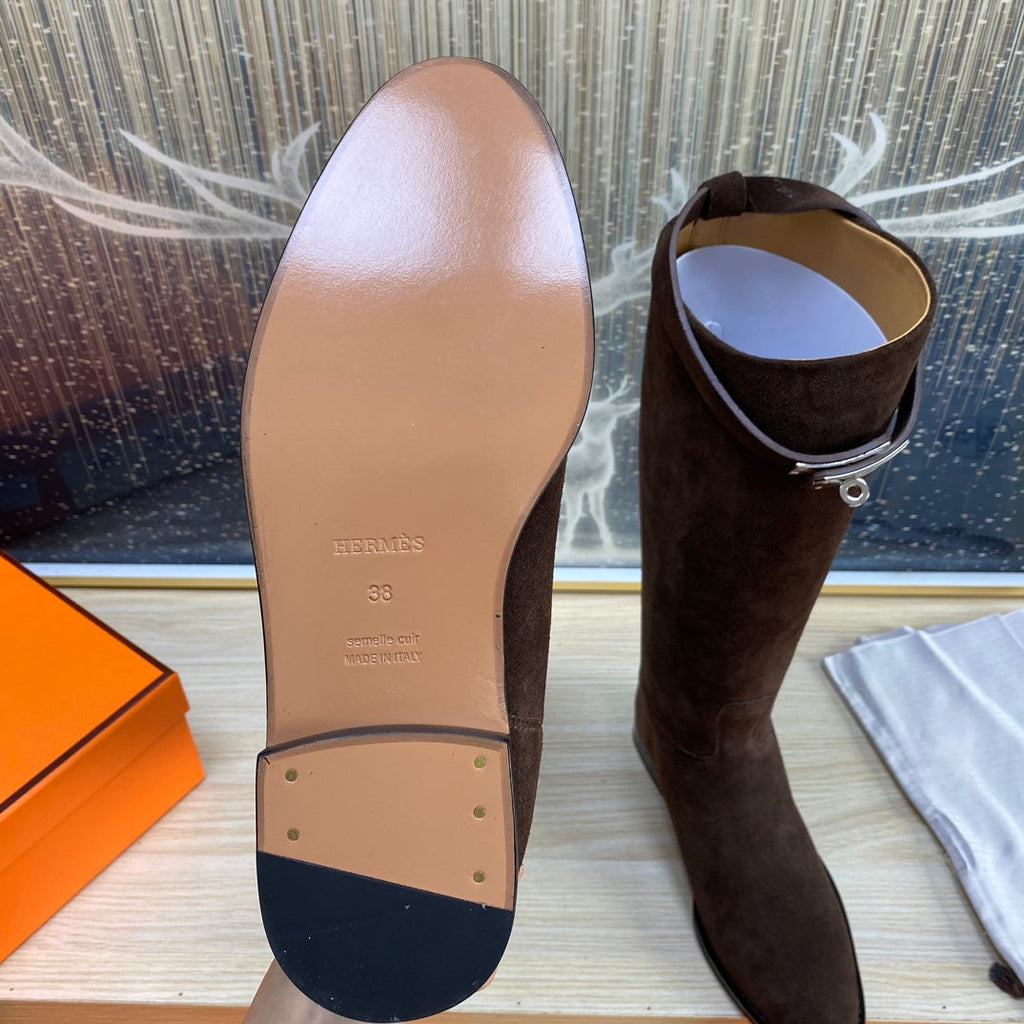 Hermes Knee High Boots in Chocolate Brown Suede