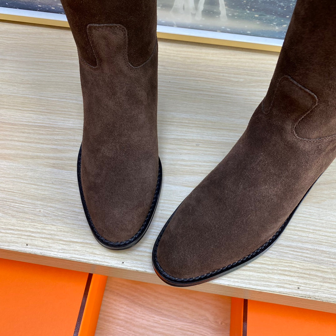 Hermes Knee High Boots in Chocolate Brown Suede