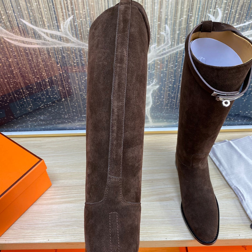 Hermes Knee High Boots in Chocolate Brown Suede