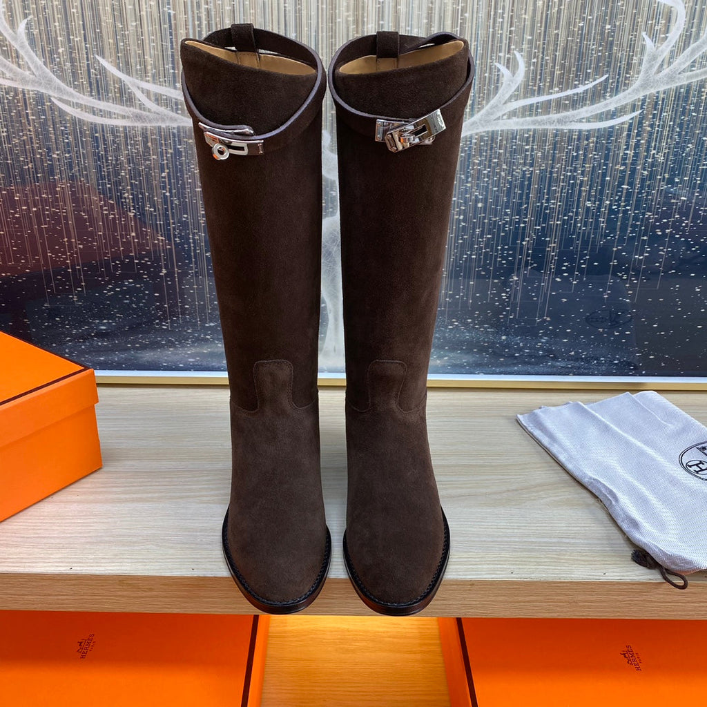 Hermes Knee High Boots in Chocolate Brown Suede
