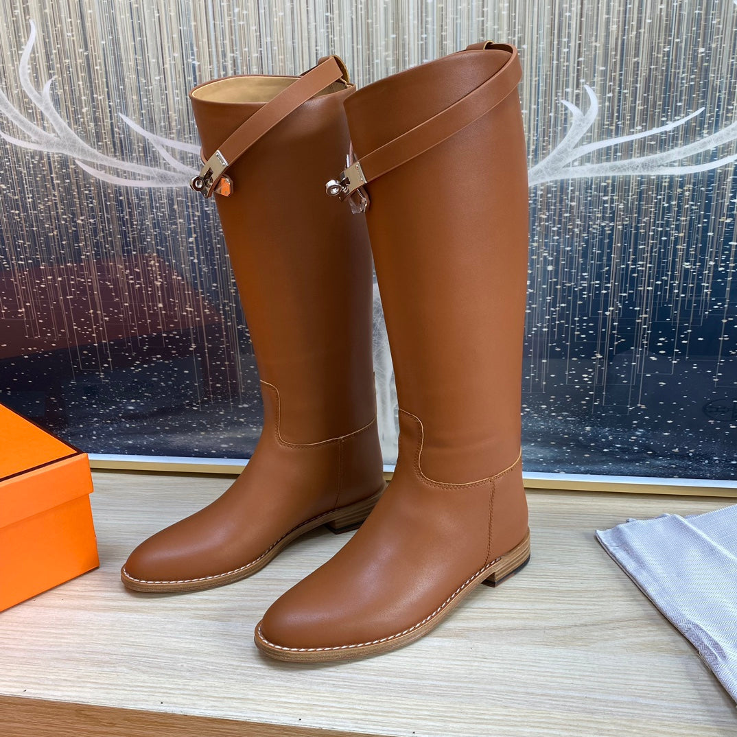 Hermes Knee High Boots in Bronze Brown Calfskin
