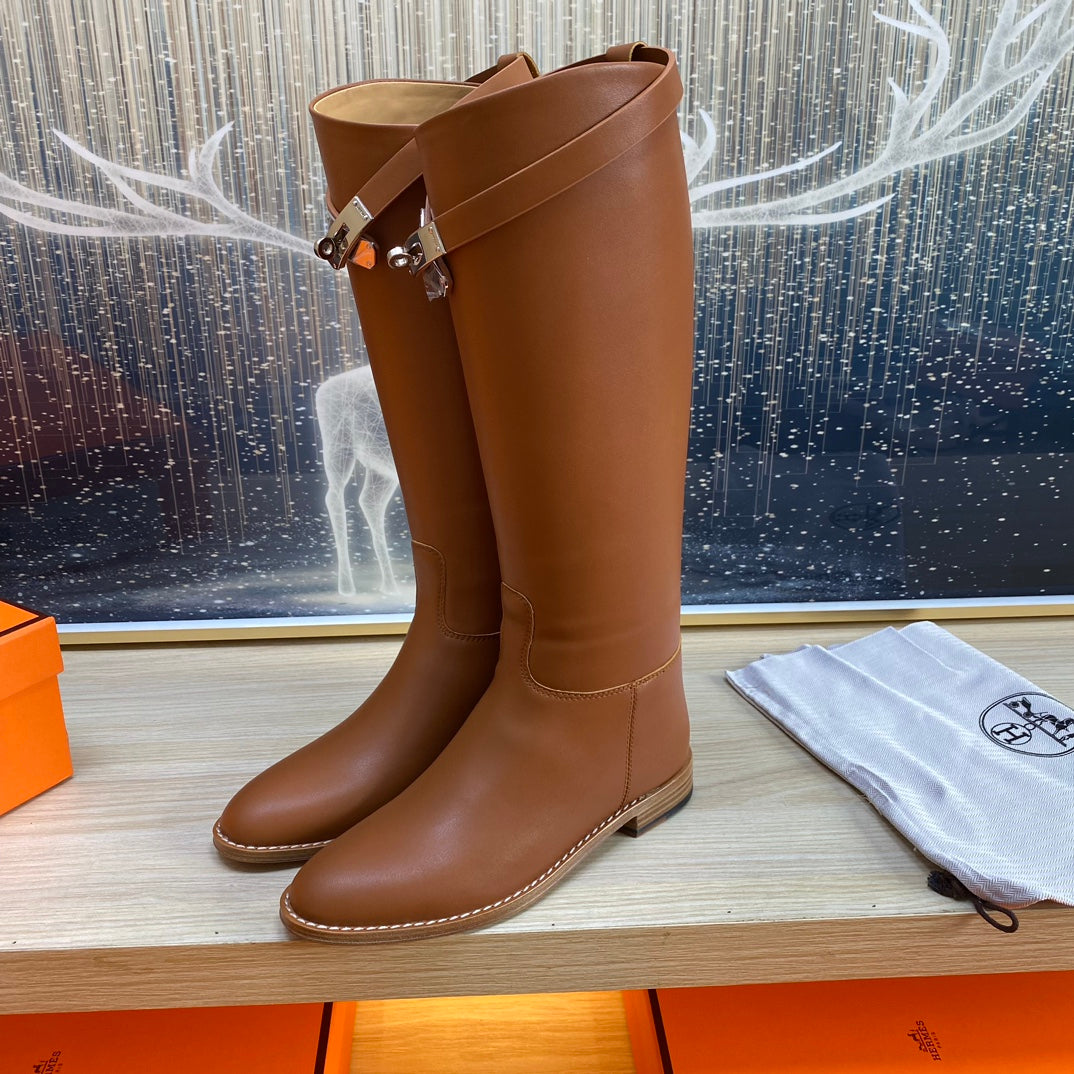Hermes Knee High Boots in Bronze Brown Calfskin