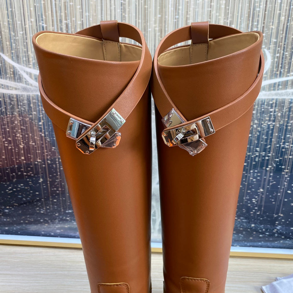 Hermes Knee High Boots in Bronze Brown Calfskin