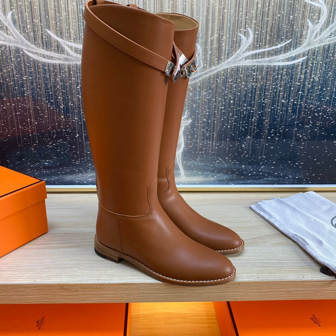 Hermes Knee High Boots in Bronze Brown Calfskin