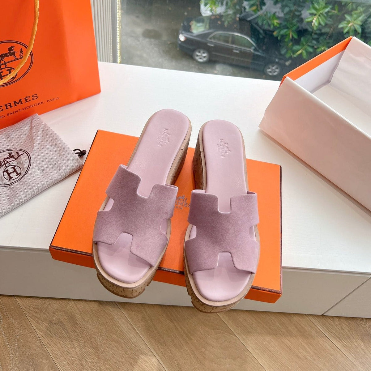 Hermes Eze 65 Sandal Pastel Pink Suede