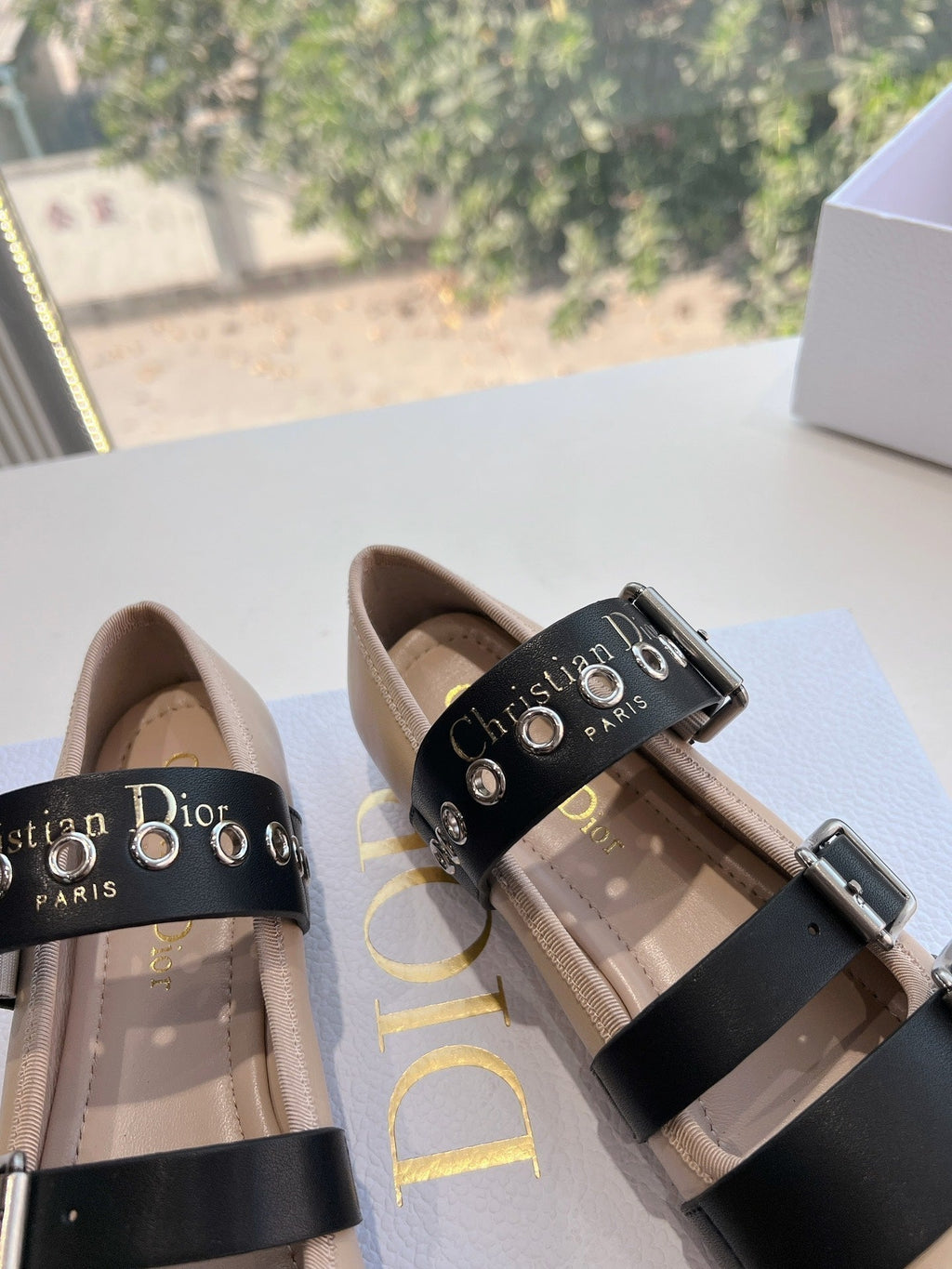 Dior Punk Ballet Flat in Camel Beige Mix Black Supple Calfskin