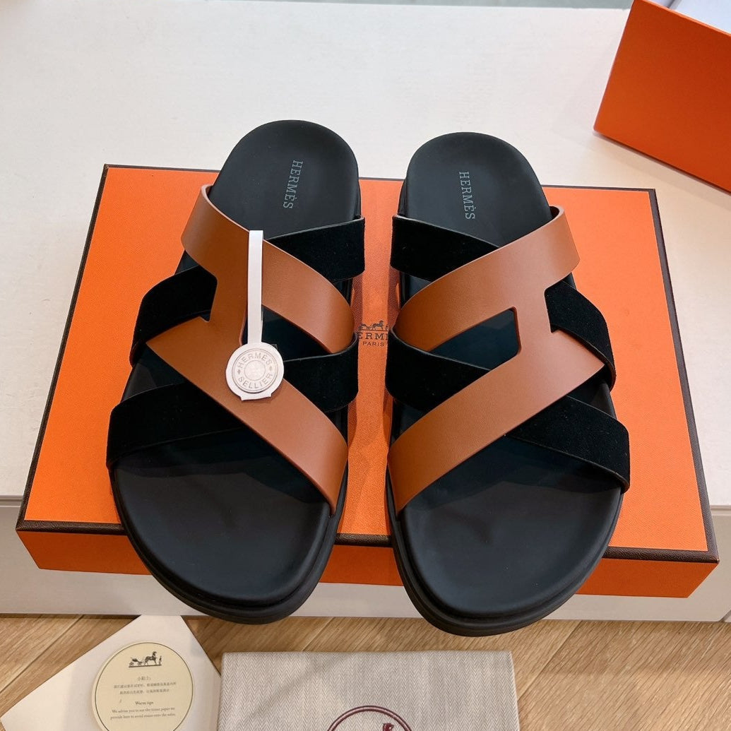 Hermes Kazimir Sandal in Bronze Brown Calfskin and Black Suede