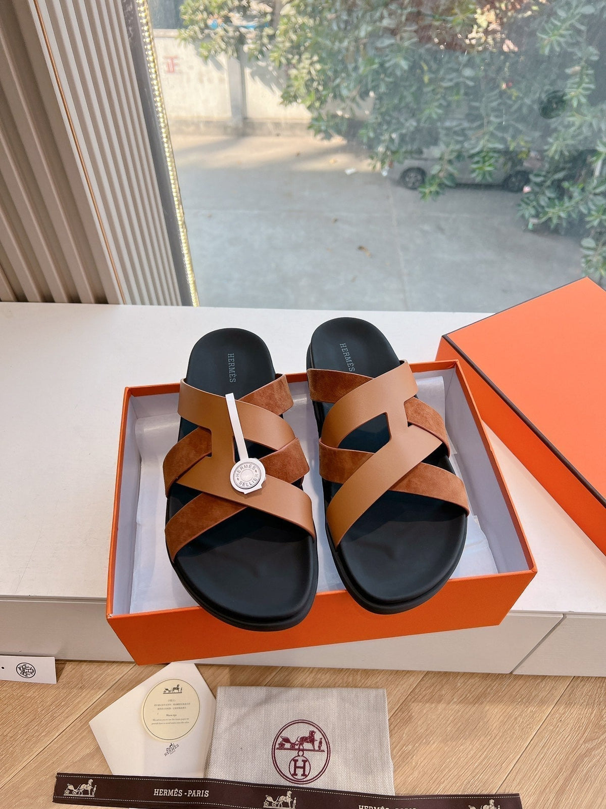 Hermes Kazimir Sandal in Bronze Brown Calfskin and Suede