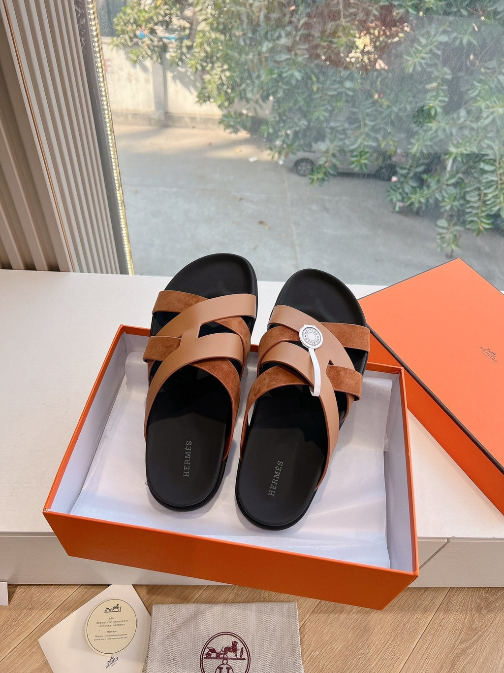 Hermes Kazimir Sandal in Bronze Brown Calfskin and Suede
