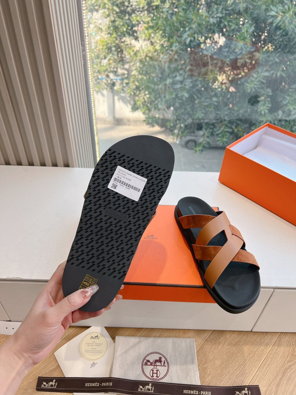 Hermes Kazimir Sandal in Bronze Brown Calfskin and Suede