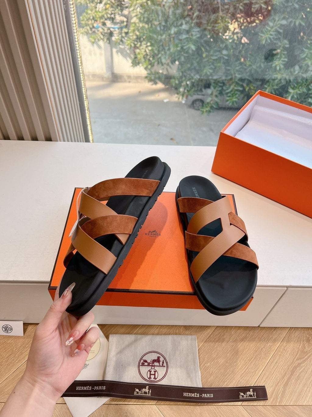 Hermes Kazimir Sandal in Bronze Brown Calfskin and Suede