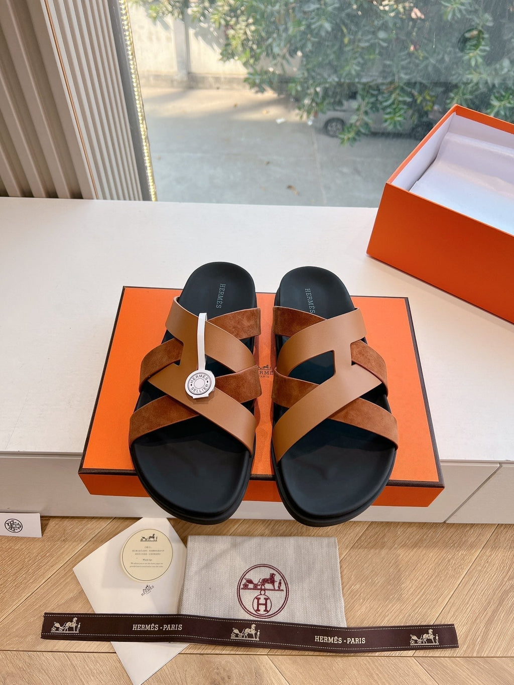 Hermes Kazimir Sandal in Bronze Brown Calfskin and Suede