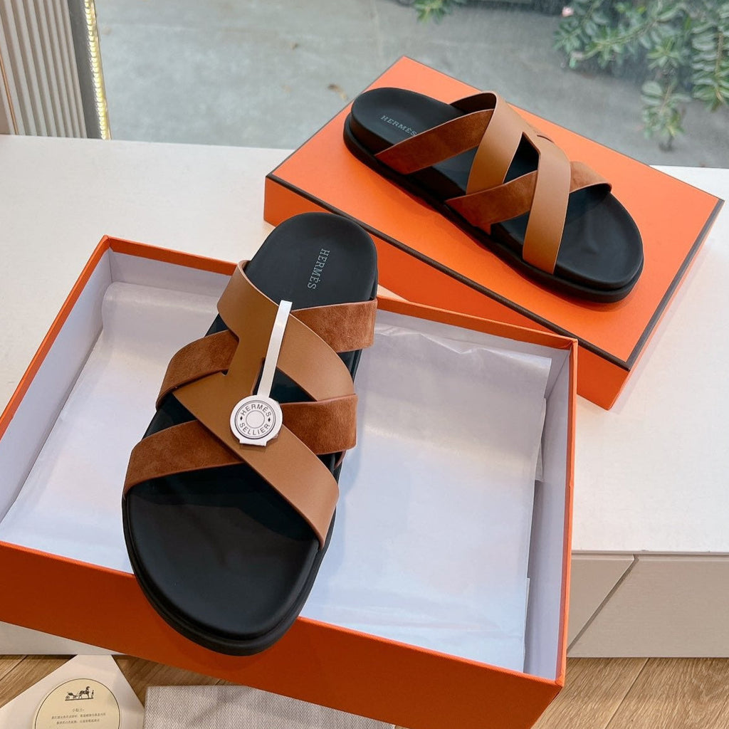 Hermes Kazimir Sandal in Bronze Brown Calfskin and Suede