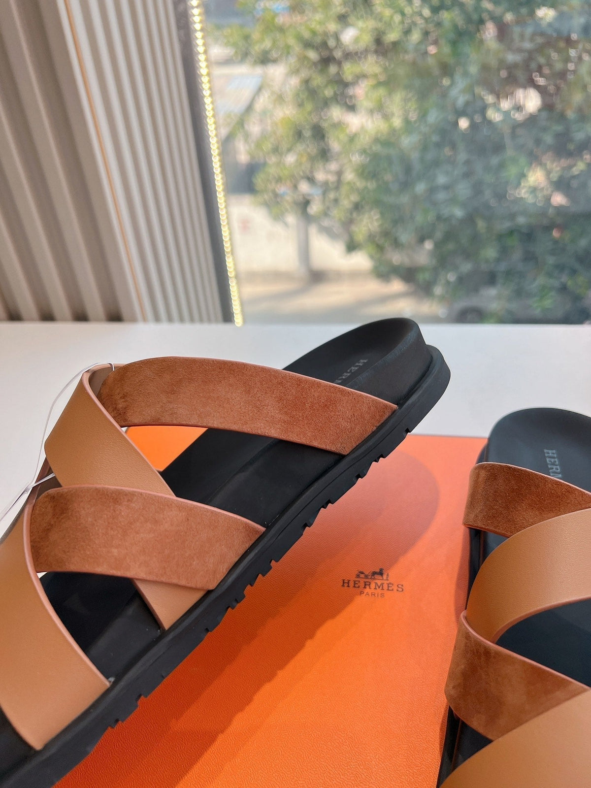 Hermes Kazimir Sandal in Bronze Brown Calfskin and Suede