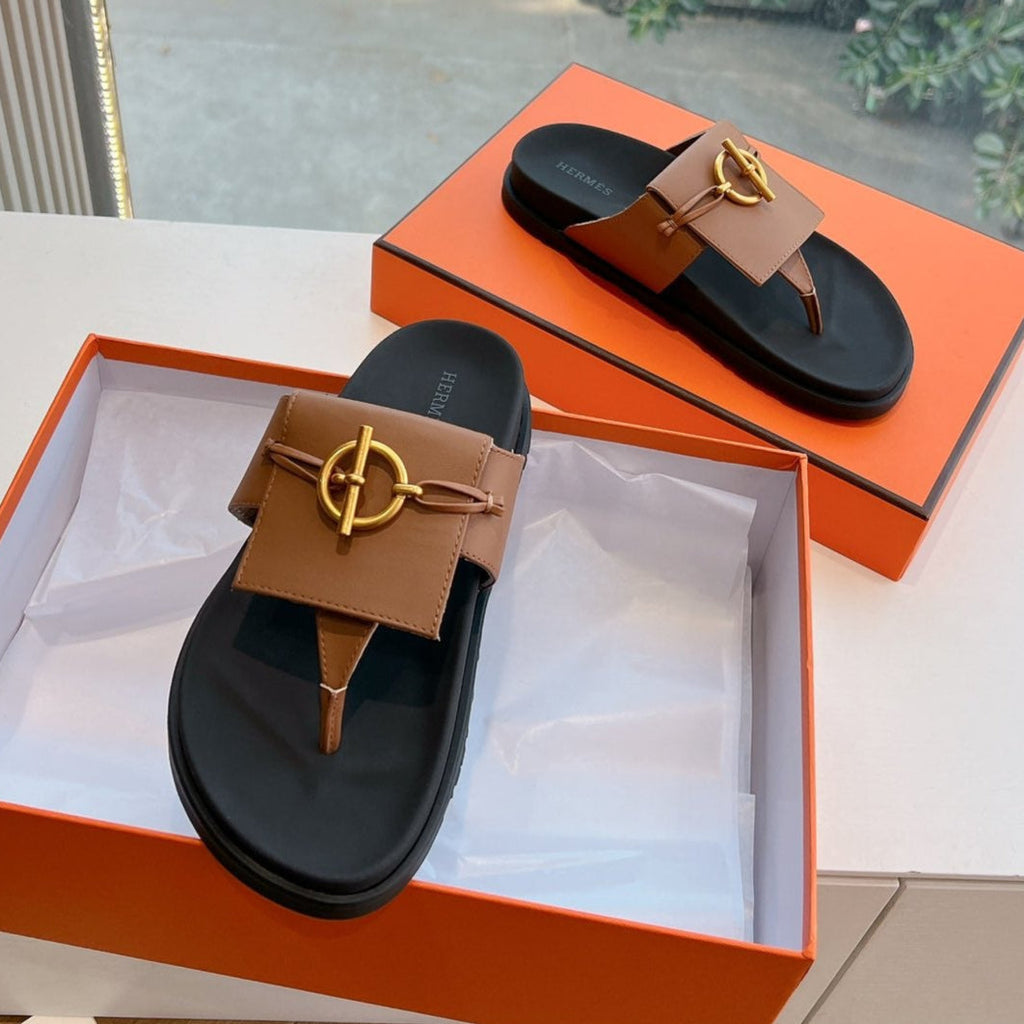 Hermes Joyce Sandal in Bronze Brown Calfskin