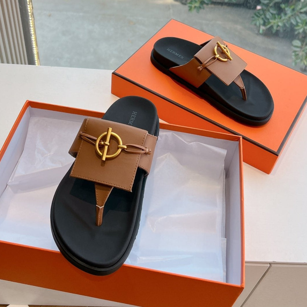 Hermes Joyce Sandal in Bronze Brown Calfskin