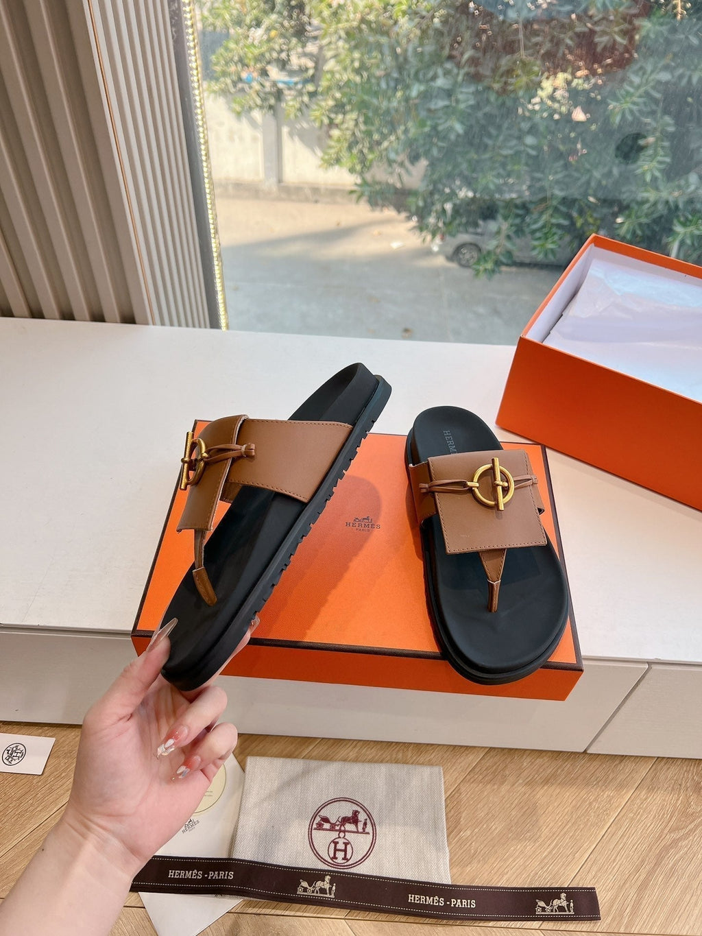 Hermes Joyce Sandal in Bronze Brown Calfskin